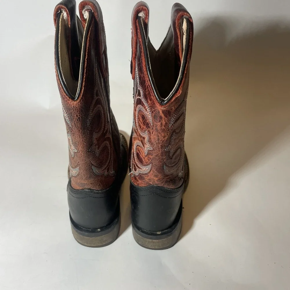 Old West Kids Unisex Broad Square Toe Brown/Fuchsia Waxy Leather Cowboy Boots